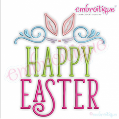 Happy Easter with Bunny Ear Flourish Curly Cute Machine Embroidery Design - Embroitique