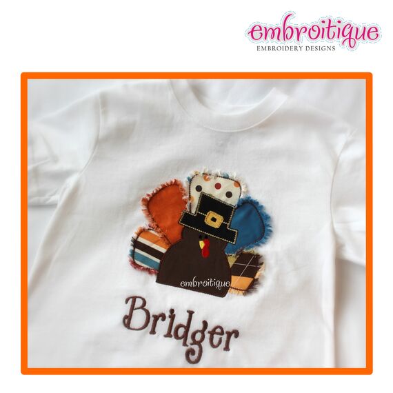 Tommy Turkey Thanksgiving Applique - Satin and Raw Edge - Great Boy Design, 2 image