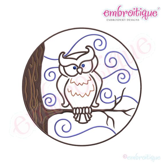 Halloween Swirly Circle Owl in Tree Embroidery Design