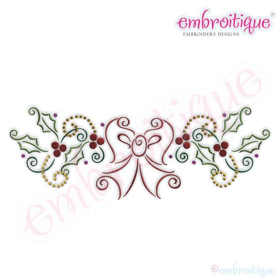 Bow and Holly Border Embroidery Design - Small