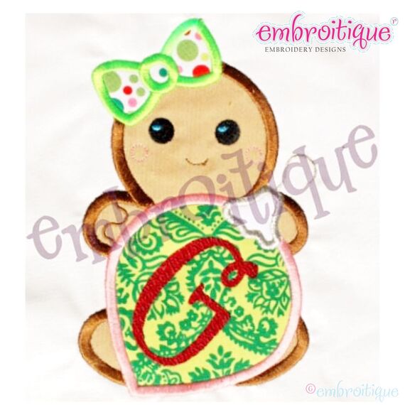 Mrs. Ginger Bread Gingerbread with Ornament and Girl Bow Applique