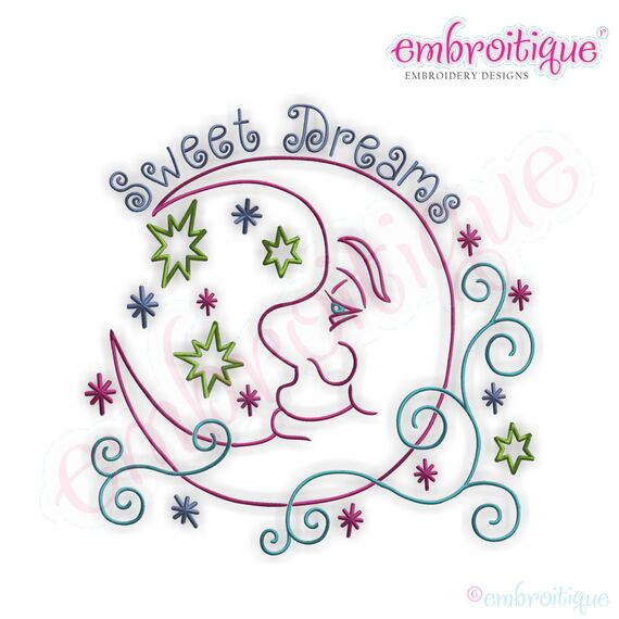 Swirly Moon with Stars Sweet Dreams Embroidery Design