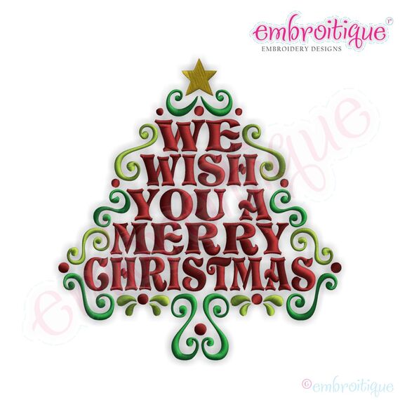 We Wish You a Merry Christmas Word Tree Embroidery Design - Large