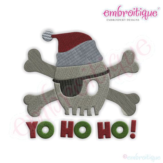 Yo Ho Ho Skull and Crossbones Pirate with a Santa Hat Filled Embroidery Design