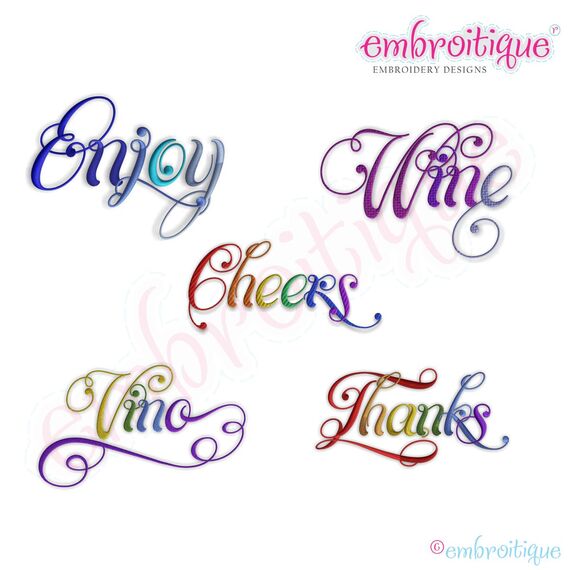 Cheers, Enjoy, Thanks, Vino & Wine Script 5 Embroidery Designs Set