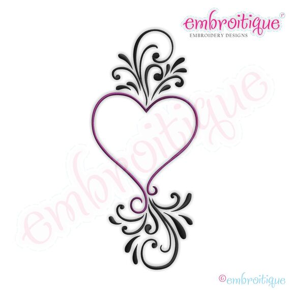 Fanciful Flourished Heart Embroidery Design - Small