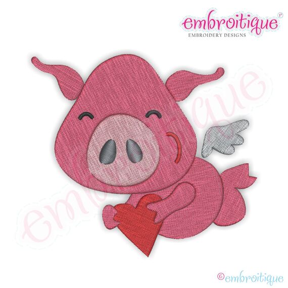 Flying Pig with Heart Filled Embroidery Design