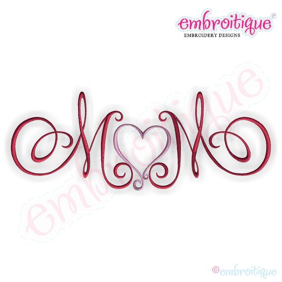 Mom with Heart Calligraphy Script Embroidery Design - Small