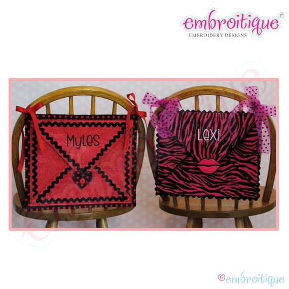 Posh and Proper - Envelope Valentine Chair Backer Bags - PDF Sewing & Embroidery Pattern - Includes Heart, Lips, Font