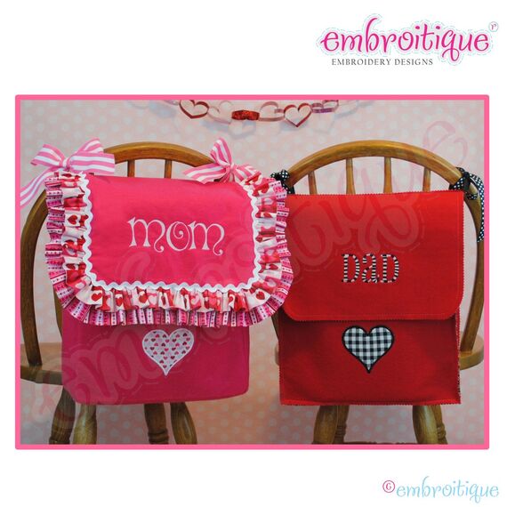Posh and Proper - Mom and Dad Valentine Chair Backer Bags - PDF Sewing & Embroidery Pattern - Includes Heart Applique