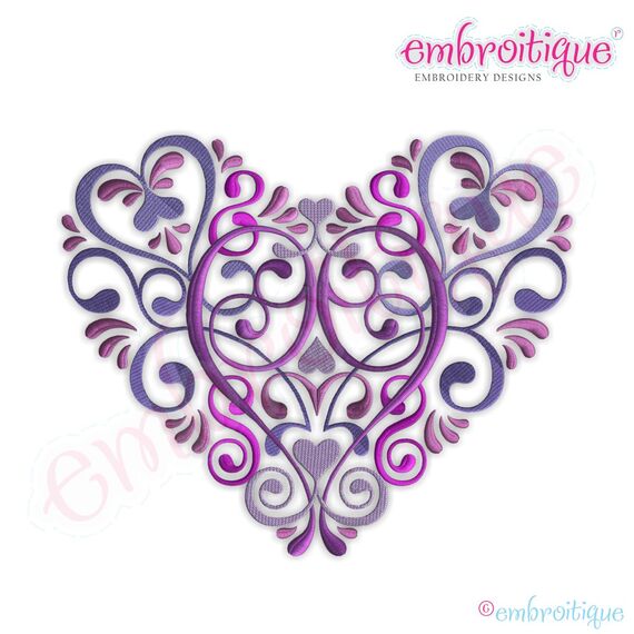Vintage Floral Ornate Heart Embroidery Design - Large