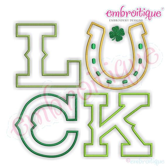 Luck Outlined Word Block with Horseshoe and Clover St. Patrick's Day Embroidery Design