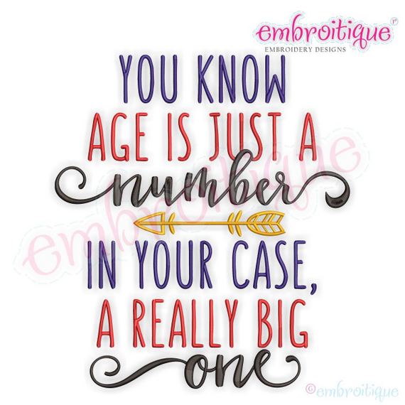 Age is just a number, in your case a really big one funny birthday word art design for machine embroidery