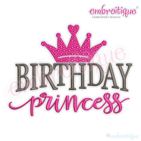Birthday Princess with Crown Word Art Design for Machine Embroidry