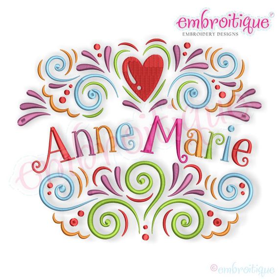 Curly Flourish Font Frame with Heart Whimsical design for Machine Embroidery