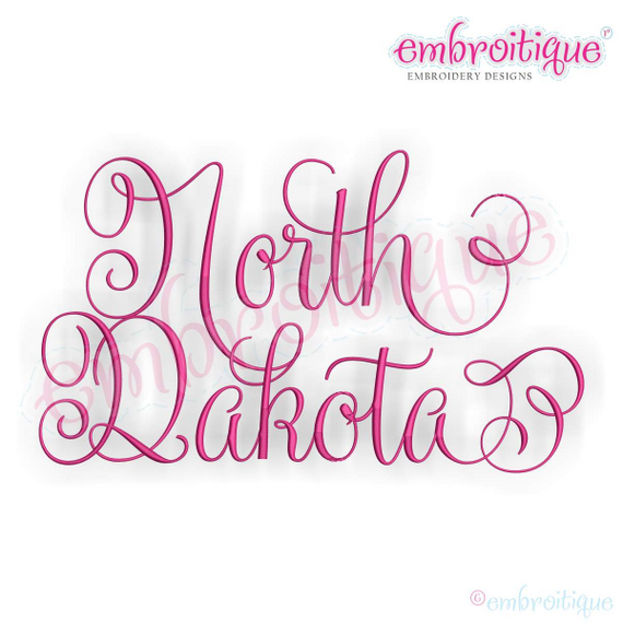 North Dakota Calligraphy Fancy Script 3 USA United States Machine Embroidery Design