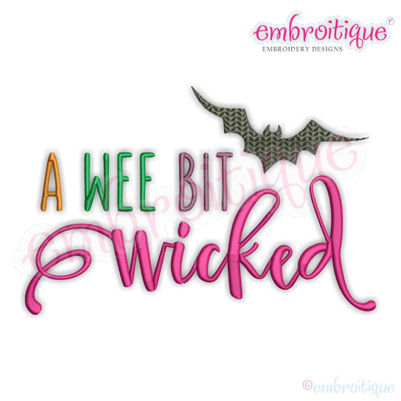 A wee bit wicked script with curly bat flourish Halloween Machine Embroidery Design