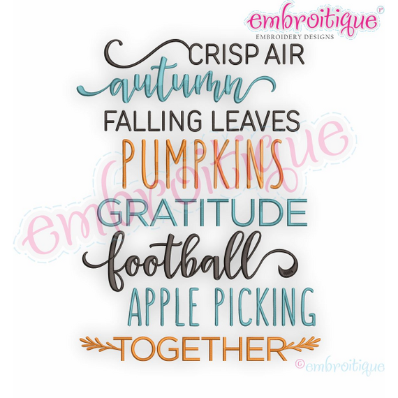 Crisp Air Autumn Falling Leaves - Fall Football Apples Thanksgiving - Machine Embroidery Design