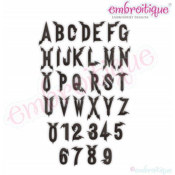 Bat Wing Halloween Font-1", 2", 3", 4", 5"  A-Z, 0-9