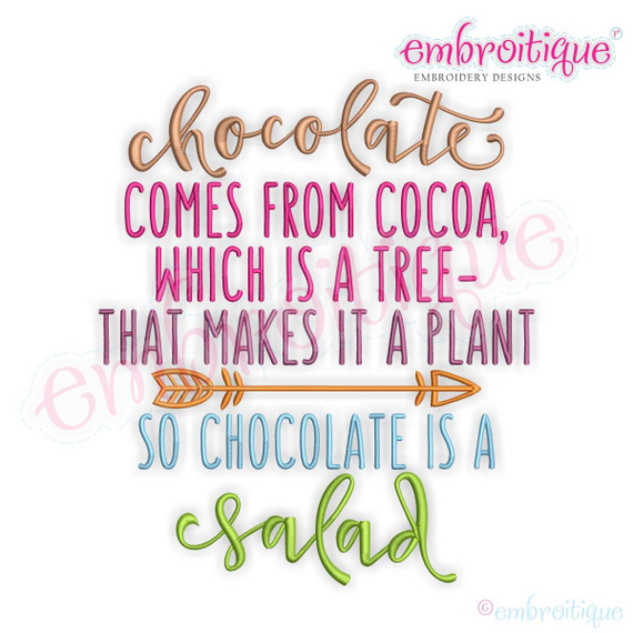 Chocolate is a Salad - hilarious funny design -Machine Embroidery Design
