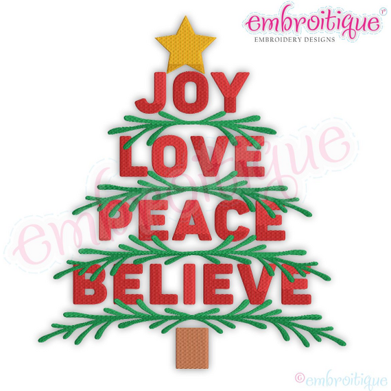 Joy Love Peace Believe Word Art Christmas Tree with Branches and Star Fill Stitch Embroitique Machine Embroidery Design