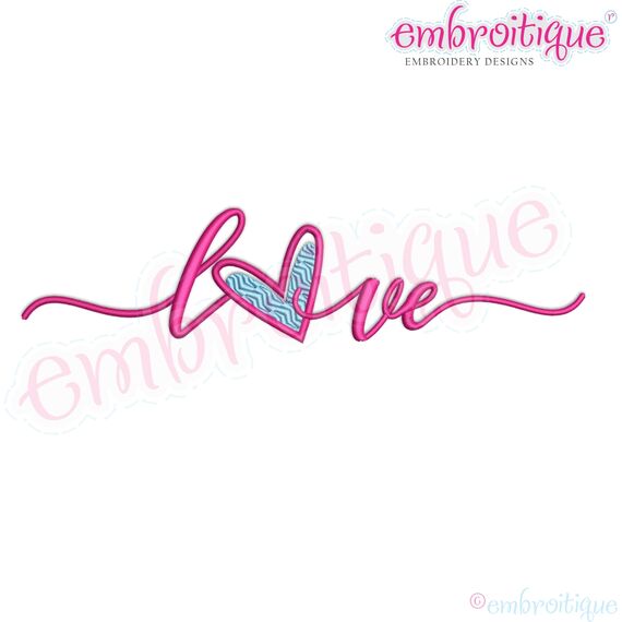 Love Script with offset heart fill stitch Machine embroidery design wedding anniversary