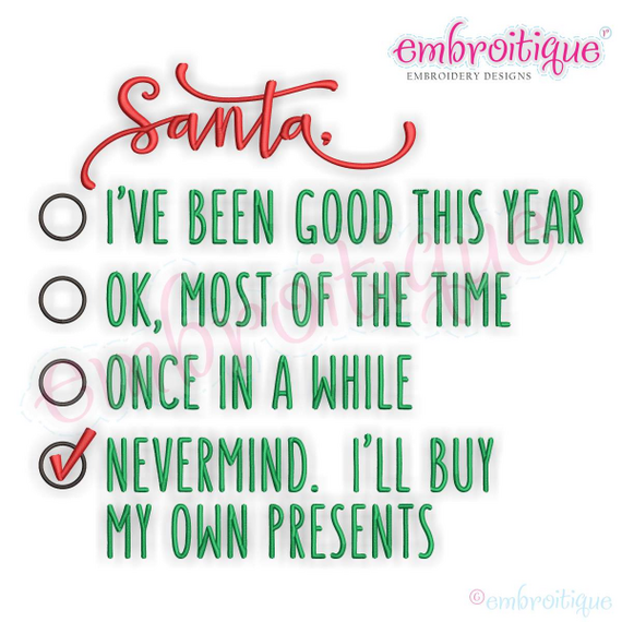 Santa Naughty or Nice Checklist -  Funny Christmas - Embroidery  Machine Embroidery Design