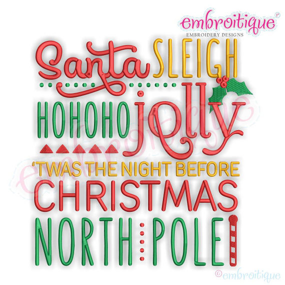 Santa Sleigh Ho Ho Ho Jolly North Pole Christmas Word Block Machine Embroidery Design
