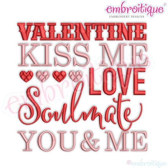 Valentine Subway Art Machine Embroidery Design Kiss Me Love Soulmate Word Art Block