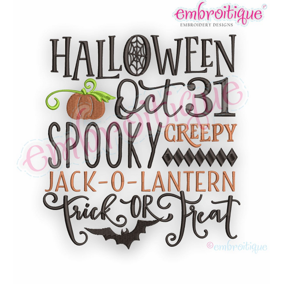Halloween Oct 31 Word Block - Spooky Creepy Trick or Treat Jack O Lantern Pumpkin  - Machine Embroidery Design