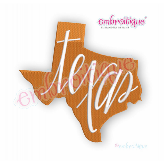 Texas State Shape Hand Lettered Fill Stitch - Embroitique Machine Embroidery Design