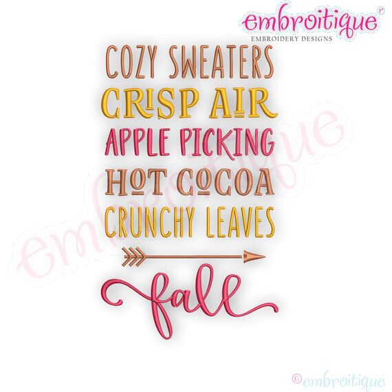 Cozy Sweaters Crisp Air Apple Picking Hot Cocoa Crunchy Leaves Fall - Embroitique Machine Embroidery Design