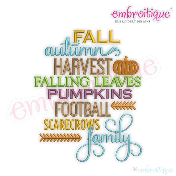 Fall Harvest Football Family Word Block  - Embroitique Machine Embroidery Design
