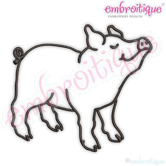 Pig Outline Red Work Farm Animal Machine Embroidery Design