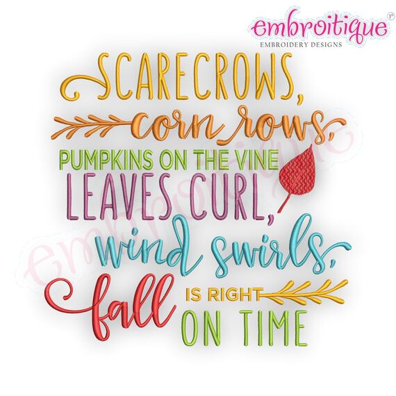 Scarecrows Cornrows Pumpkins on the Vine Leaves Curl Wind Swirls Fall Is Right On Time  - Machine Embroidery Desigjn